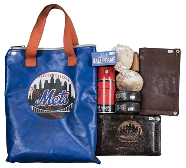 2008 New York Mets On Deck Circle Equipment Bag Filled With Game Used Items From Shea Stadium & 2013 Hall of Fame Mic Flag (MLB Authenticated)